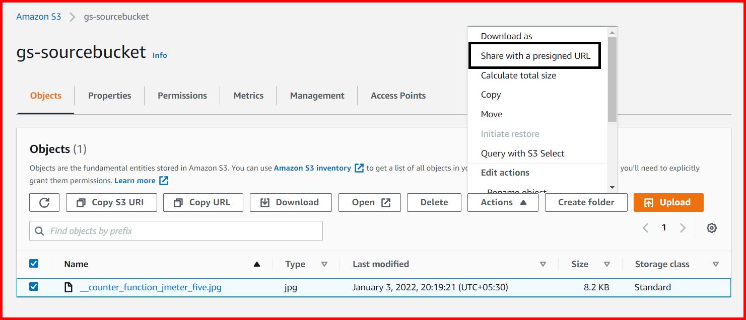 Picture showing the Share with a presigned URL option for creating the presigned URL